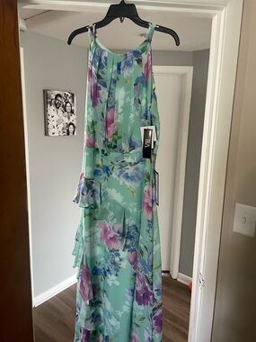Betsy & Adam Mint Green Floral Maxi Dress with Purple & Blue Blooms